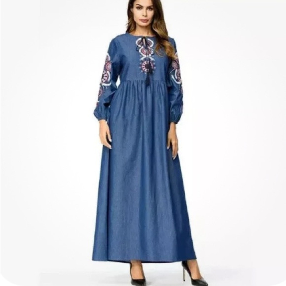 Blue Embroidered Maxi Dress